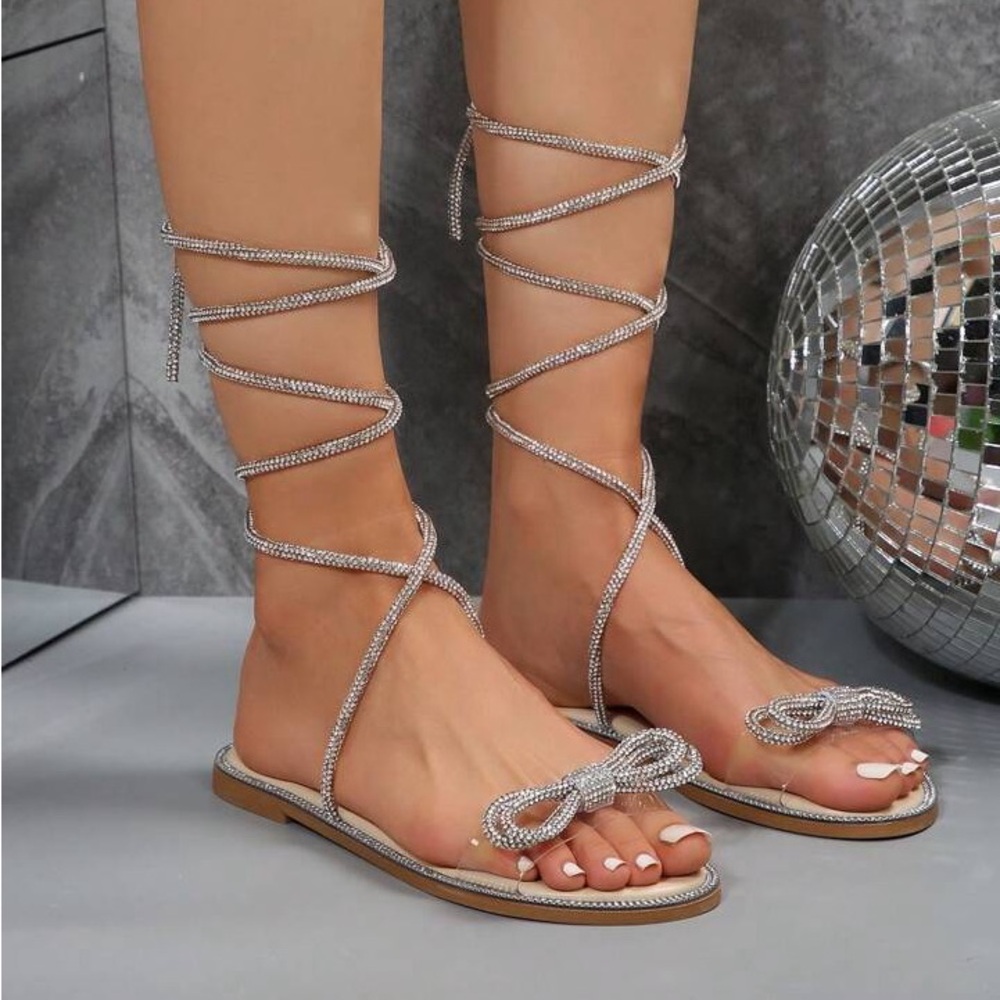 Simmi London Aella Jewelled Bow Ankle Tie Flat Sandals in Beige